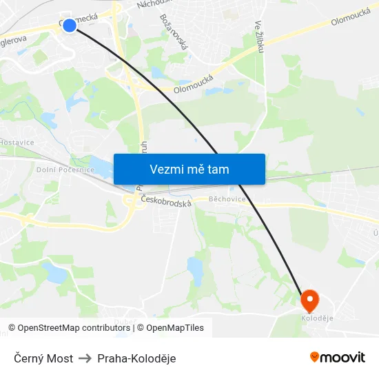 Černý Most to Praha-Koloděje map