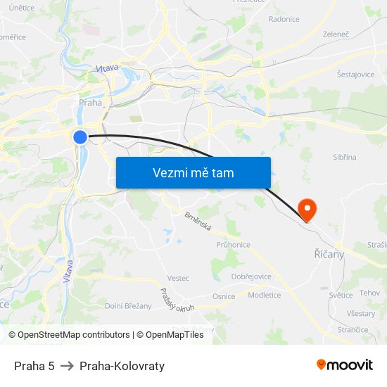 Praha 5 to Praha-Kolovraty map