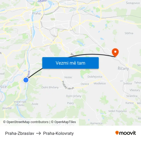 Praha-Zbraslav to Praha-Kolovraty map