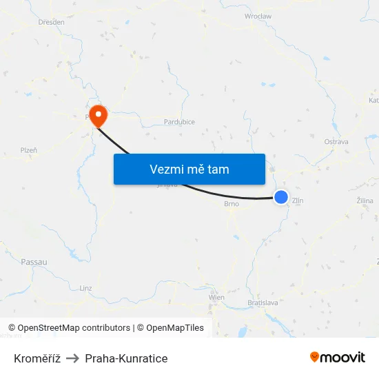 Kroměříž to Praha-Kunratice map
