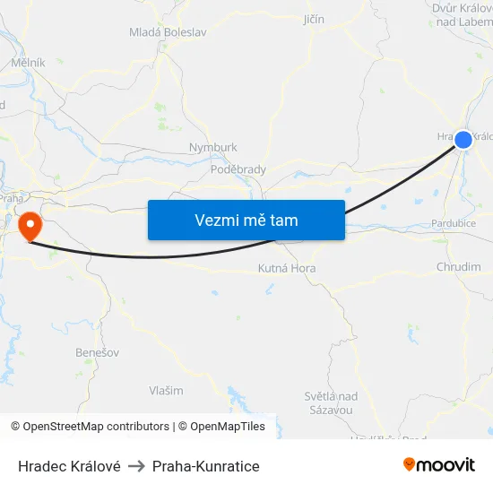 Hradec Králové to Praha-Kunratice map