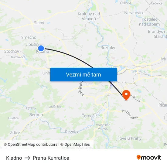 Kladno to Praha-Kunratice map