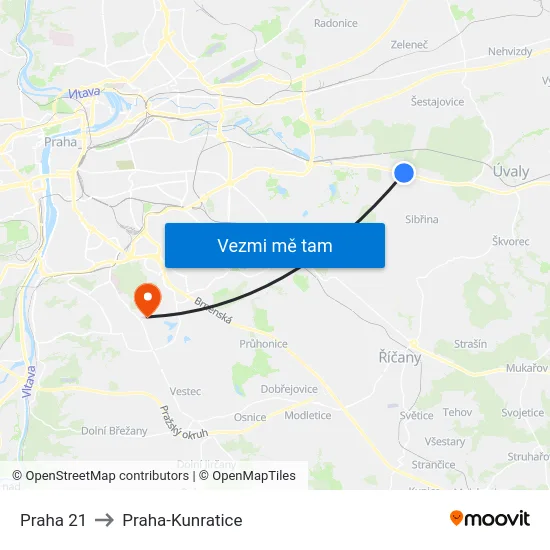 Praha 21 to Praha-Kunratice map