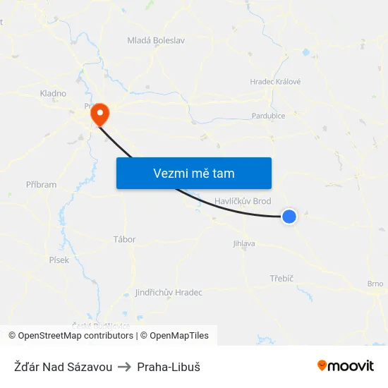 Žďár Nad Sázavou to Praha-Libuš map