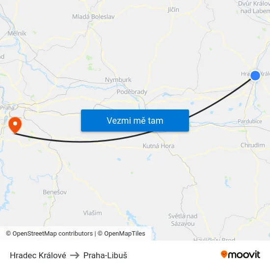 Hradec Králové to Praha-Libuš map