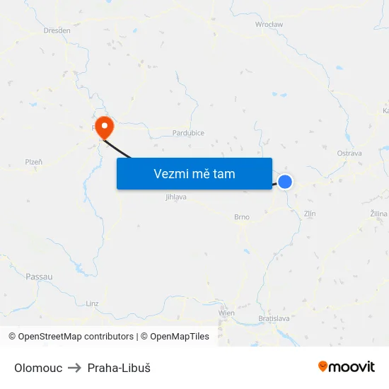 Olomouc to Praha-Libuš map