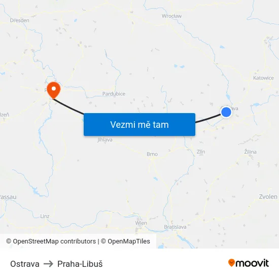 Ostrava to Praha-Libuš map