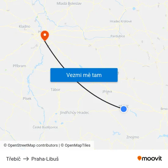 Třebíč to Praha-Libuš map