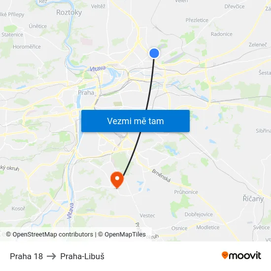 Praha 18 to Praha-Libuš map