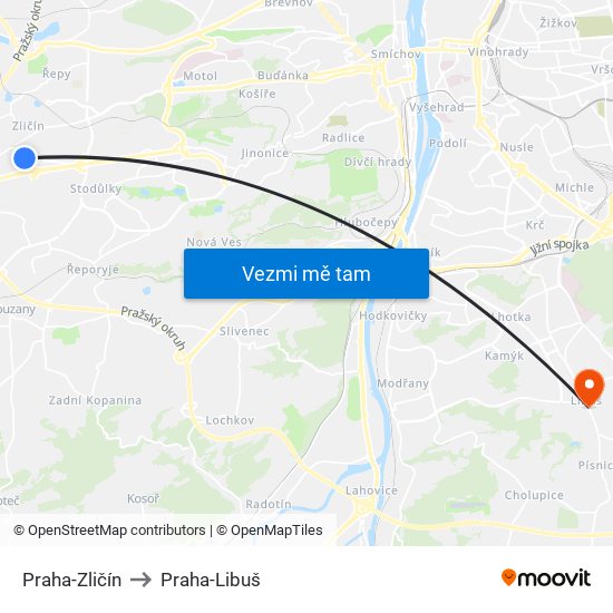 Praha-Zličín to Praha-Libuš map