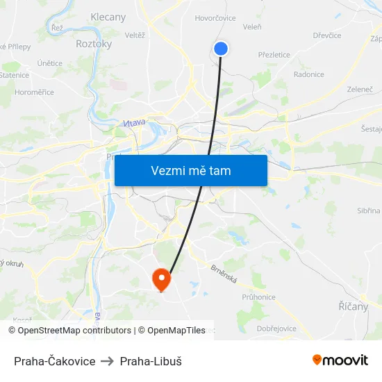 Praha-Čakovice to Praha-Libuš map