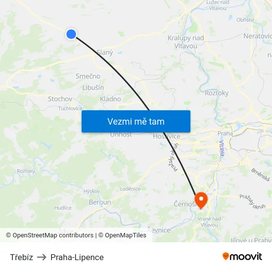 Třebíz to Praha-Lipence map