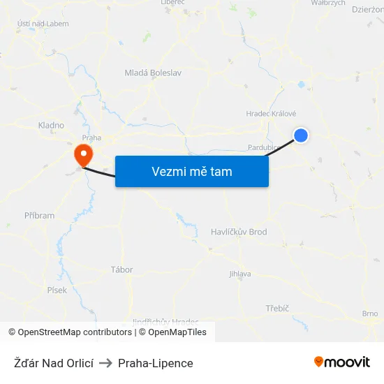 Žďár Nad Orlicí to Praha-Lipence map