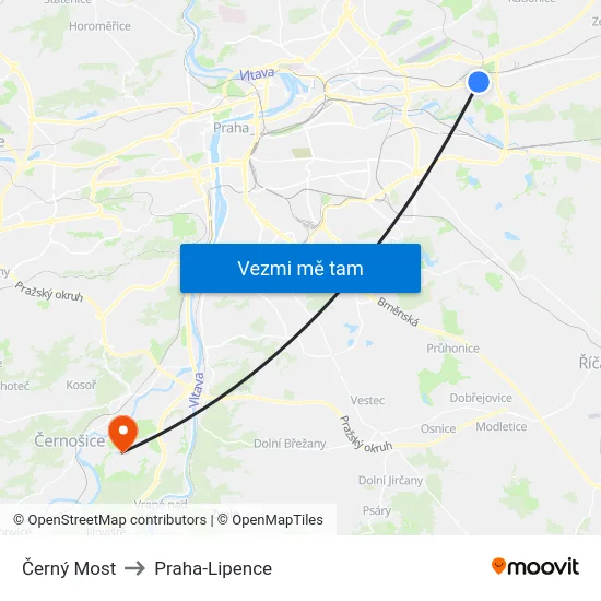 Černý Most to Praha-Lipence map