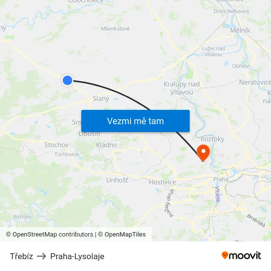 Třebíz to Praha-Lysolaje map