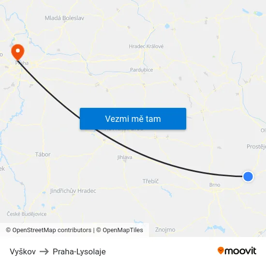 Vyškov to Praha-Lysolaje map