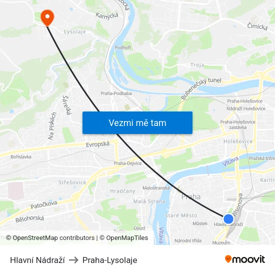 Hlavní Nádraží to Praha-Lysolaje map