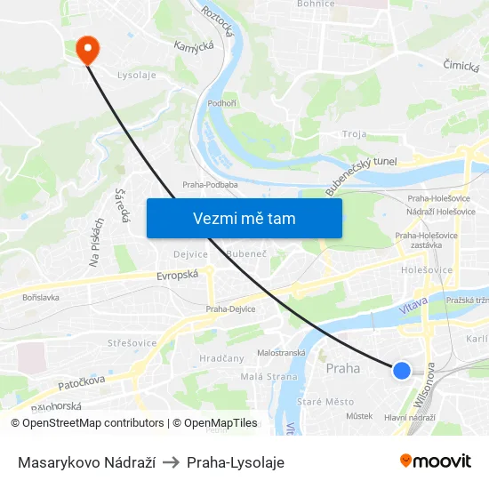 Masarykovo Nádraží to Praha-Lysolaje map