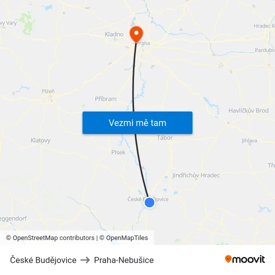 České Budějovice to Praha-Nebušice map