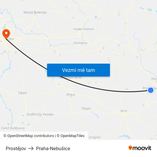 Prostějov to Praha-Nebušice map