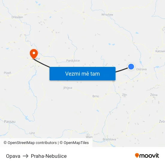Opava to Praha-Nebušice map