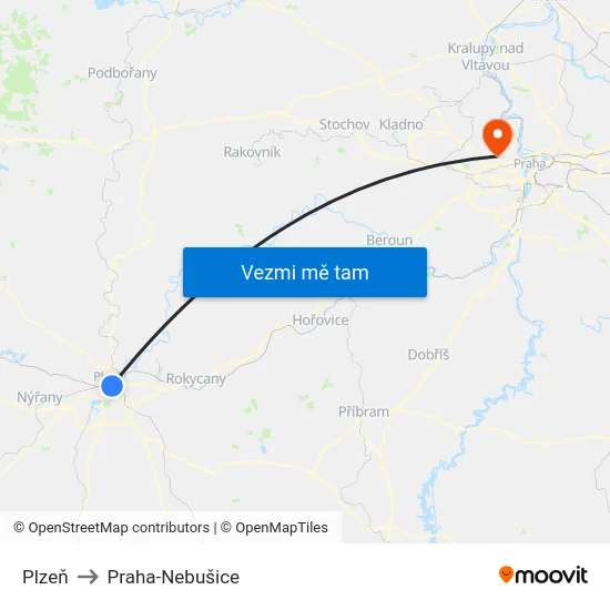 Plzeň to Praha-Nebušice map