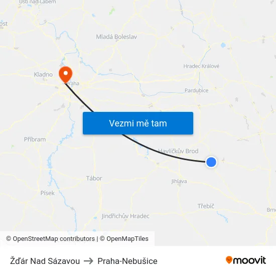 Žďár Nad Sázavou to Praha-Nebušice map