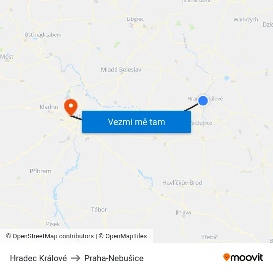 Hradec Králové to Praha-Nebušice map
