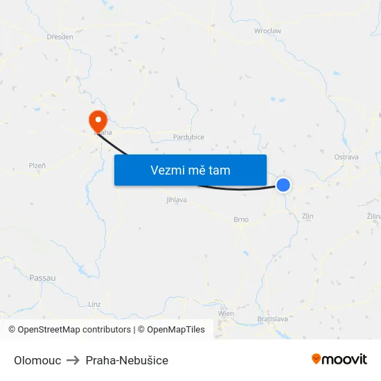 Olomouc to Praha-Nebušice map