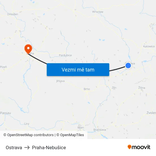 Ostrava to Praha-Nebušice map