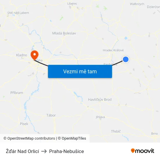 Žďár Nad Orlicí to Praha-Nebušice map