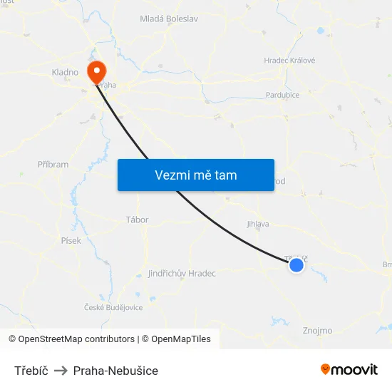 Třebíč to Praha-Nebušice map