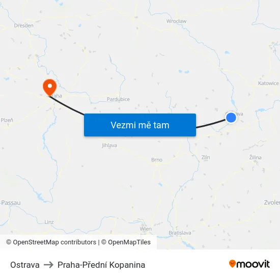 Ostrava to Praha-Přední Kopanina map