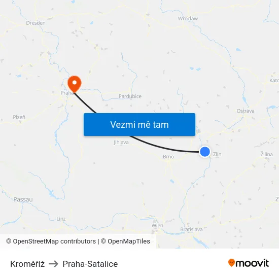 Kroměříž to Praha-Satalice map