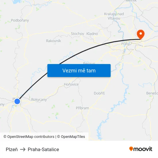 Plzeň to Praha-Satalice map
