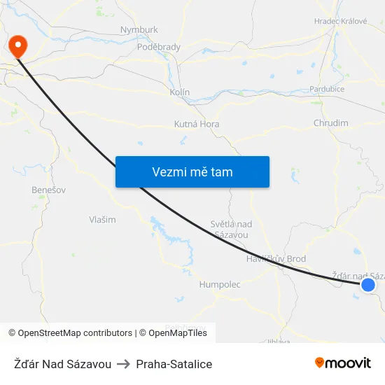 Žďár Nad Sázavou to Praha-Satalice map