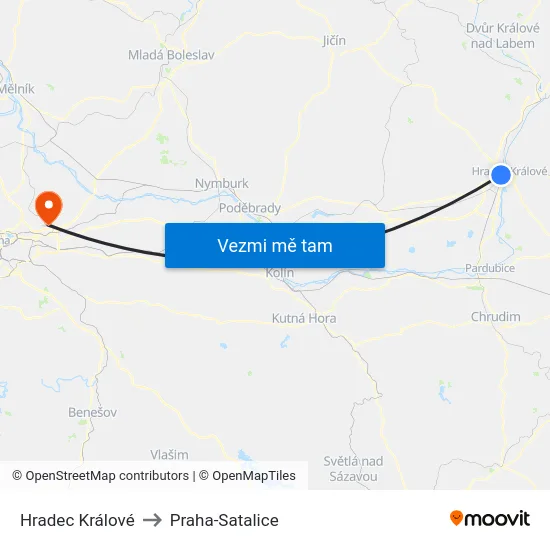 Hradec Králové to Praha-Satalice map