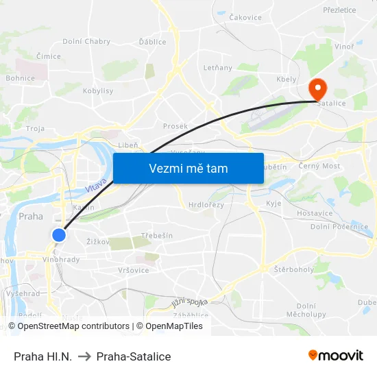 Praha Hl.N. to Praha-Satalice map