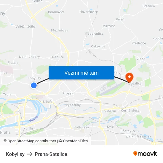 Kobylisy to Praha-Satalice map