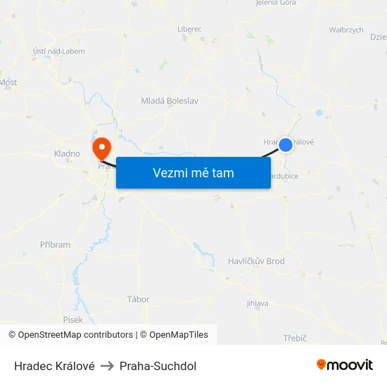 Hradec Králové to Praha-Suchdol map