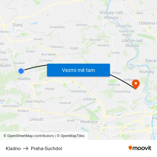 Kladno to Praha-Suchdol map