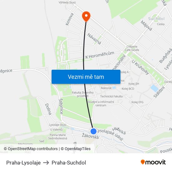 Praha-Lysolaje to Praha-Suchdol map