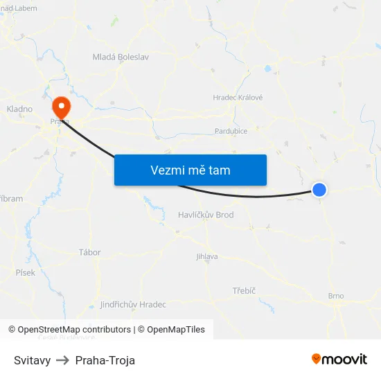 Svitavy to Praha-Troja map