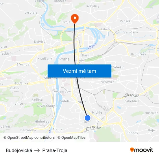 Budějovická to Praha-Troja map