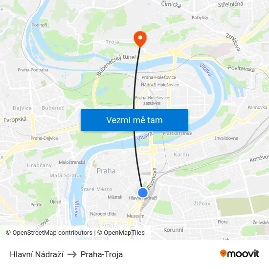 Hlavní Nádraží to Praha-Troja map