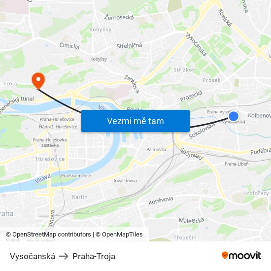 Vysočanská to Praha-Troja map