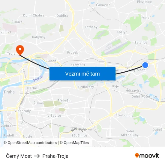 Černý Most to Praha-Troja map