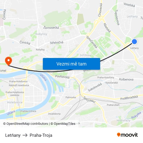 Letňany to Praha-Troja map