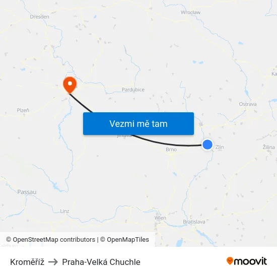Kroměříž to Praha-Velká Chuchle map