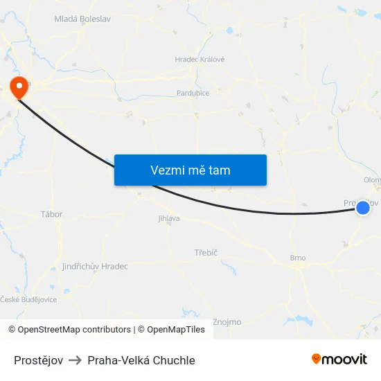 Prostějov to Praha-Velká Chuchle map